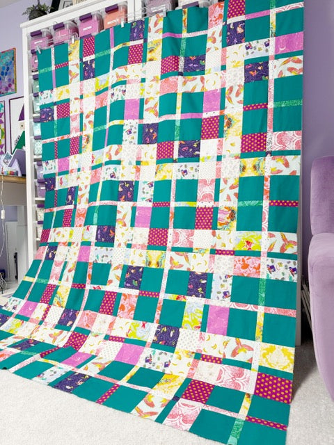 Handmade Plaidish Quilt Top – 64” x 82” – Unfinished Patchwork Quilt Top Ready to Quilt – With Kona Ultra Marine (Teal Color)