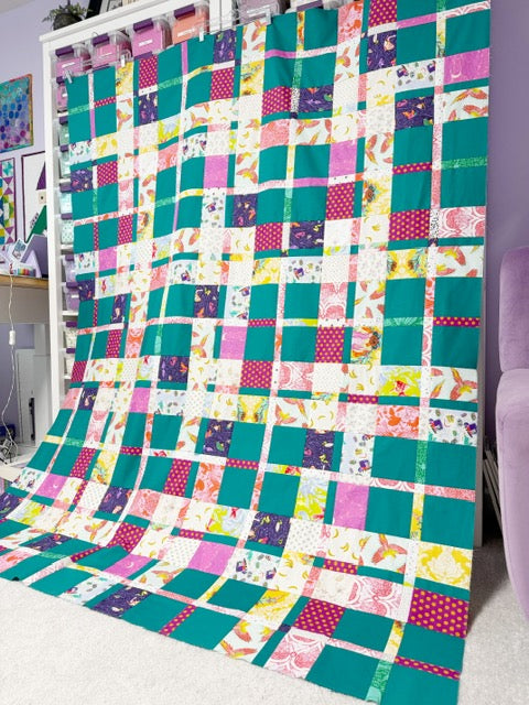 Handmade Plaidish Quilt Top – 64” x 82” – Unfinished Patchwork Quilt Top Ready to Quilt – With Kona Ultra Marine (Teal Color)