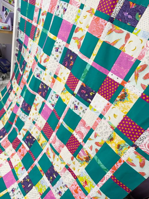 Handmade Plaidish Quilt Top – 64” x 82” – Unfinished Patchwork Quilt Top Ready to Quilt – With Kona Ultra Marine (Teal Color)