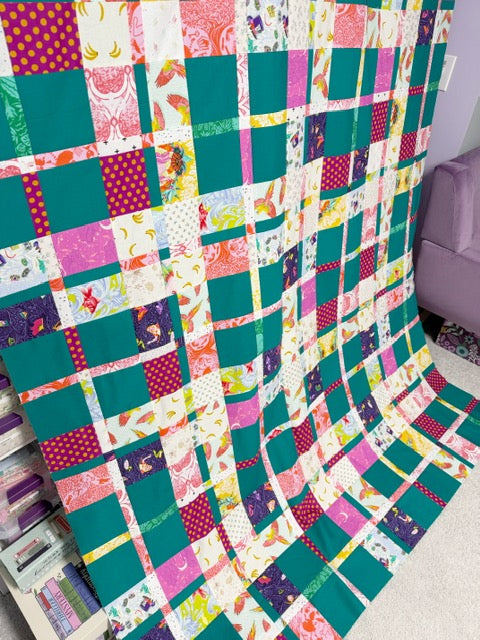 Handmade Plaidish Quilt Top – 64” x 82” – Unfinished Patchwork Quilt Top Ready to Quilt – With Kona Ultra Marine (Teal Color)