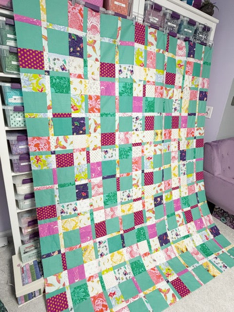 Handmade Plaidish Quilt Top – 64” x 82” – Unfinished Patchwork Quilt Top Ready to Quilt - With Confetti Cotton Vivid