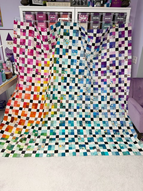 Handmade Rainbow Nine Patch Quilt Top, 90” Square – Unfinished Patchwork Quilt Top Ready to Quilt