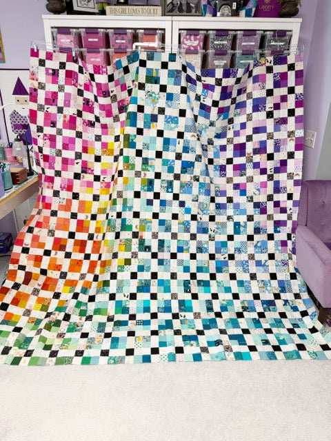 Handmade Rainbow Nine Patch Quilt Top, 90” Square – Unfinished Patchwork Quilt Top Ready to Quilt