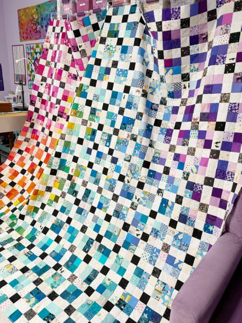 Handmade Rainbow Nine Patch Quilt Top, 90” Square – Unfinished Patchwork Quilt Top Ready to Quilt