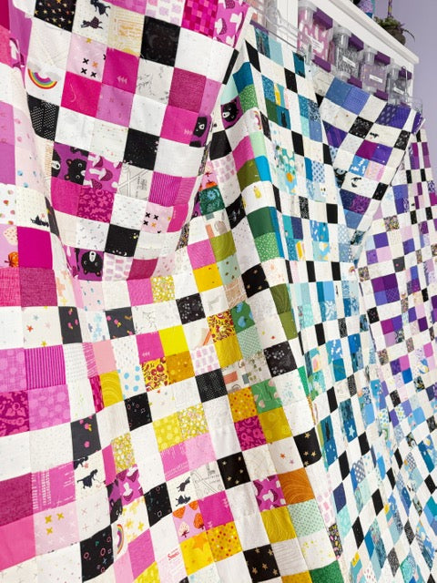 Handmade Rainbow Nine Patch Quilt Top, 90” Square – Unfinished Patchwork Quilt Top Ready to Quilt