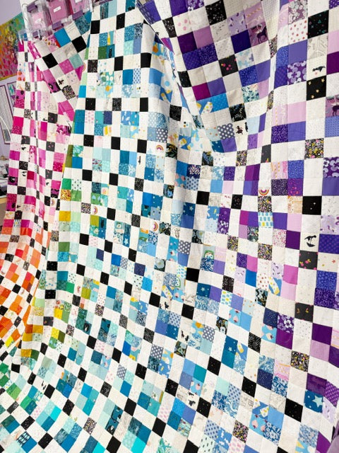 Handmade Rainbow Nine Patch Quilt Top, 90” Square – Unfinished Patchwork Quilt Top Ready to Quilt