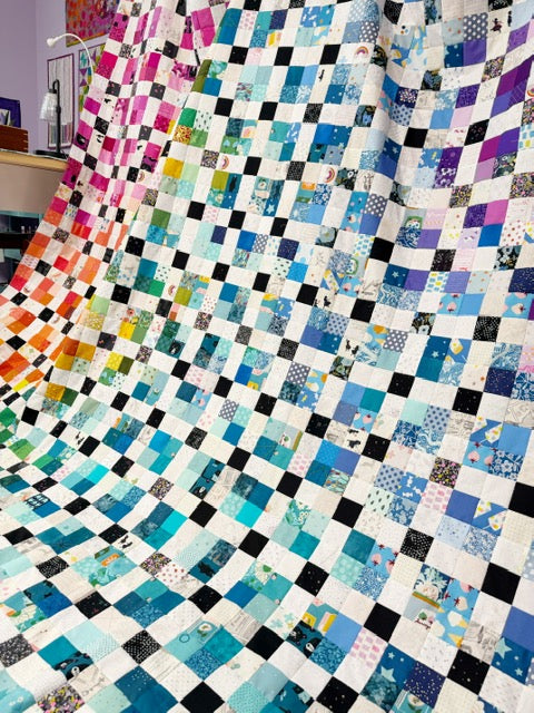 Handmade Rainbow Nine Patch Quilt Top, 90” Square – Unfinished Patchwork Quilt Top Ready to Quilt