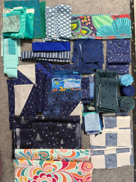 Fabric Scrap Bag – Assorted Blue & Aqua Fabric Colors and Prints for Quilting, Sewing, Crafts, and Scrap Projects.