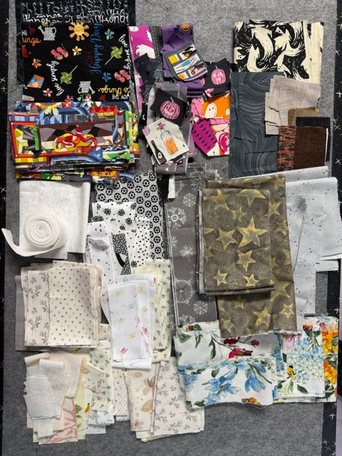 Fabric Scrap Bag – Assorted Black, White, Gray, Neutral & Halloween Fabric Colors and Prints for Quilting, Sewing, Crafts, and Scrap Projects.