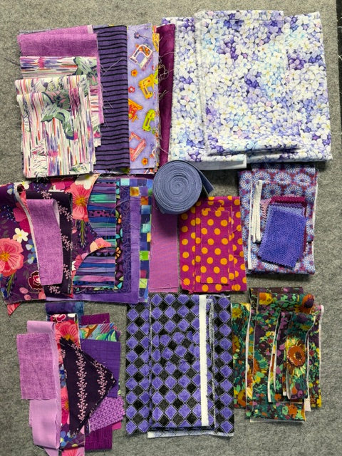 Fabric Scrap Bag – Assorted Purple and Yellow Fabric Scraps for Quilting, Sewing, Crafts, and Scrap Projects.