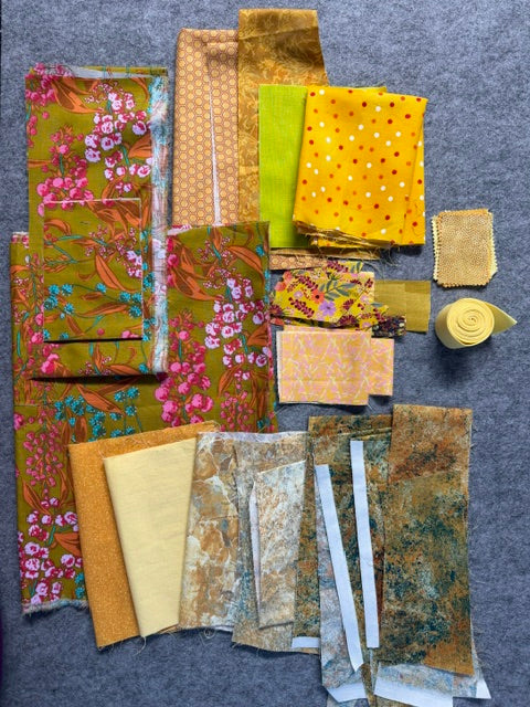 Fabric Scrap Bag – Assorted Purple and Yellow Fabric Scraps for Quilting, Sewing, Crafts, and Scrap Projects.