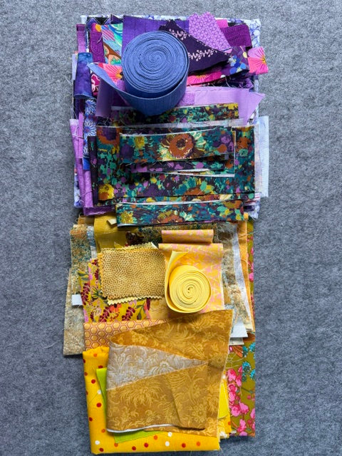 Fabric Scrap Bag – Assorted Purple and Yellow Fabric Scraps for Quilting, Sewing, Crafts, and Scrap Projects.